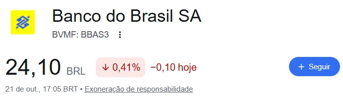 BBAS3 no Google Finance: 24,10 BRL em 21 de outubro, 17:05.
