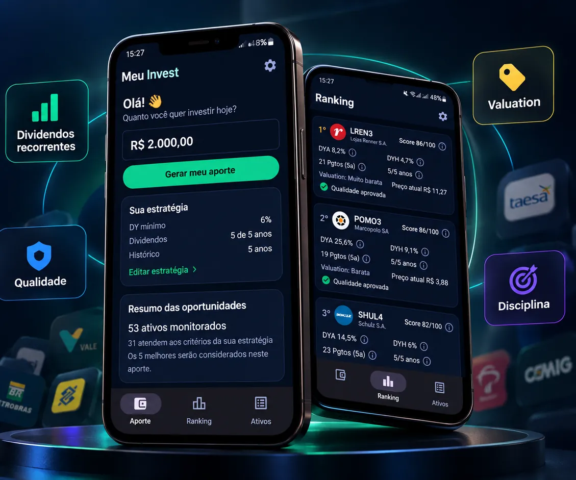 Smartphone com a tela de Aporte do Meu Invest à frente e a tela de Ranking atrás, cercados pelos selos Dividendos recorrentes, Qualidade, Valuation e Disciplina.