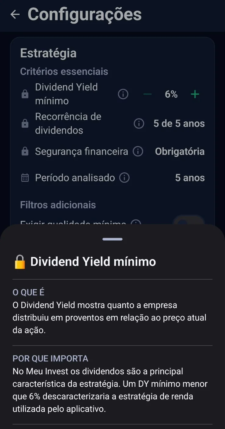 Tela real de Configurações com a explicação do Dividend Yield mínimo aberta: o que é e por que importa na estratégia do Meu Invest.